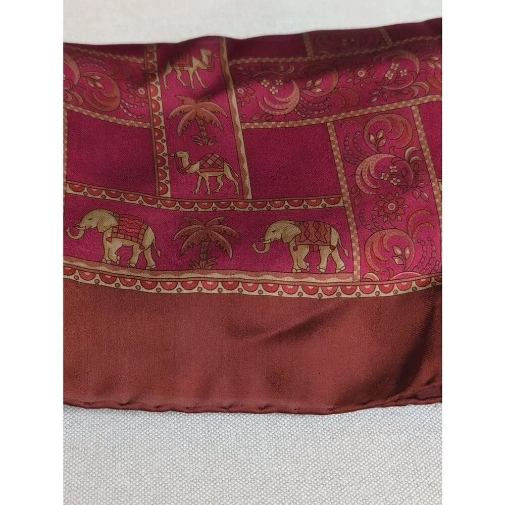 Salvatore Ferragamo Burgundy Silk Striped Floral Scarf with Elephants and Camels